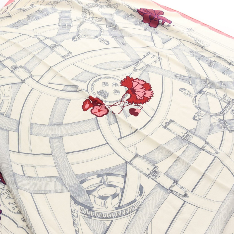 愛馬仕 Carre 140 CAVALCADOUR Fleuri 絲巾/披肩，真絲/羊絨混紡，米色/粉紅色，二手-1