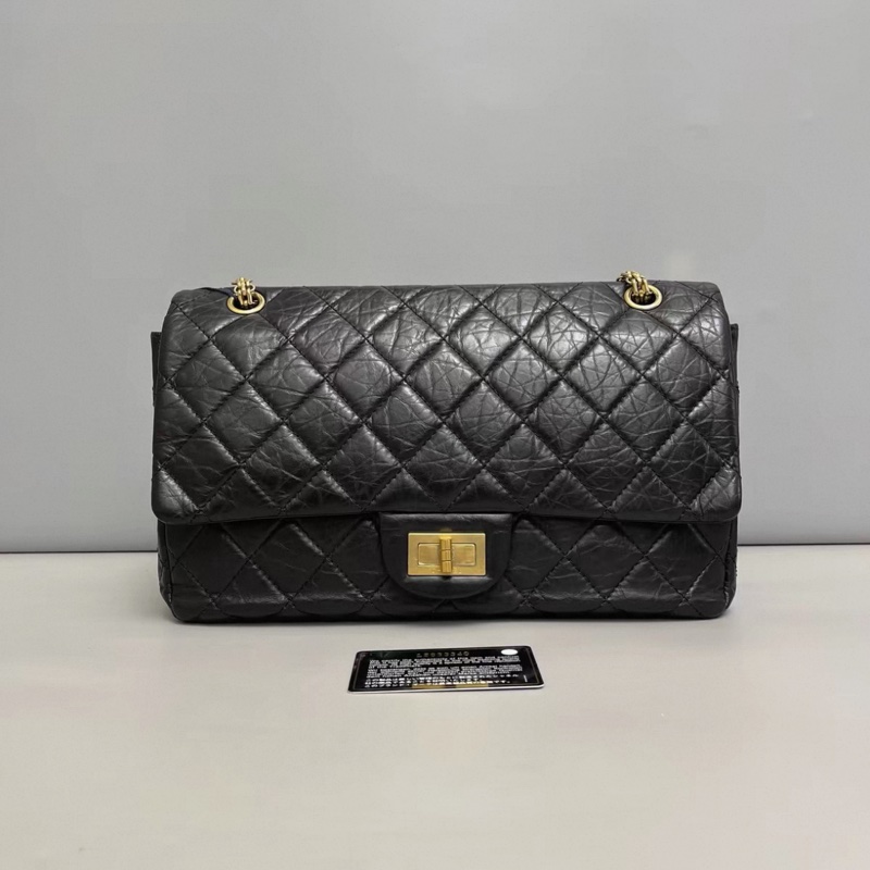 Chanel香奈兒2.55大號黑金菱格油蠟牛皮雙蓋包-0
