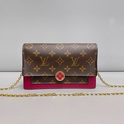 LV路易威登Flore系列老花玫紅鏈條包
