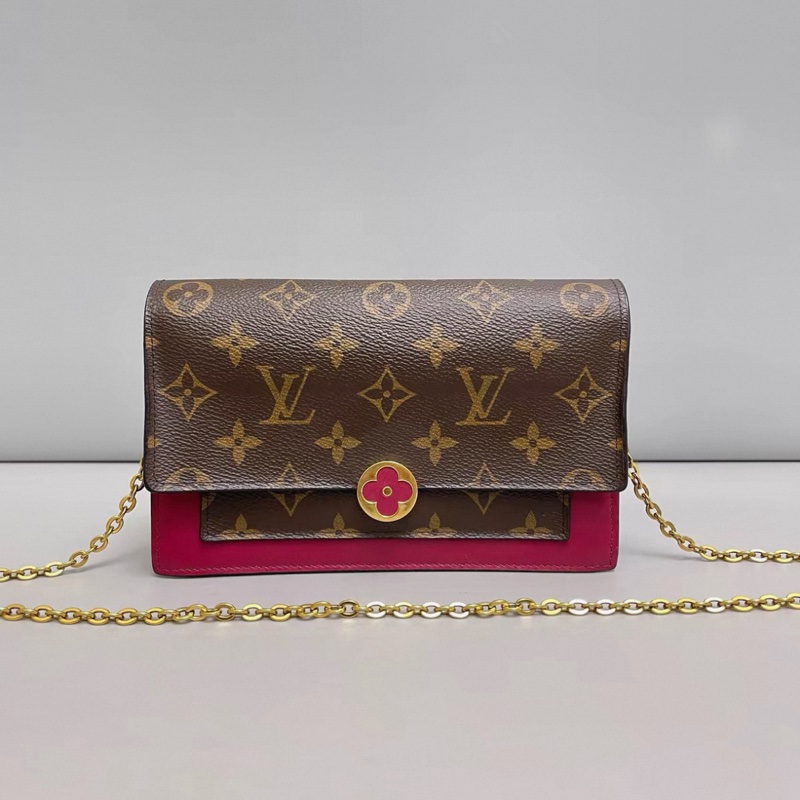 LV路易威登Flore系列老花玫紅鏈條包-0