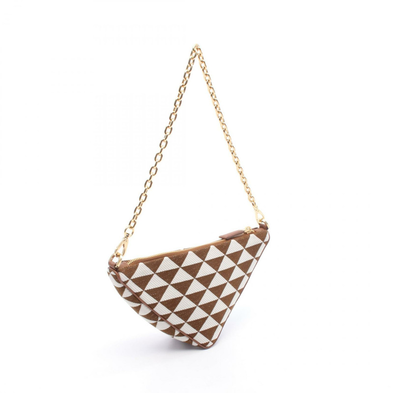 PRADA 三角形雙鏈肩背包 1BC543 帆布皮革 棕色 白色-1