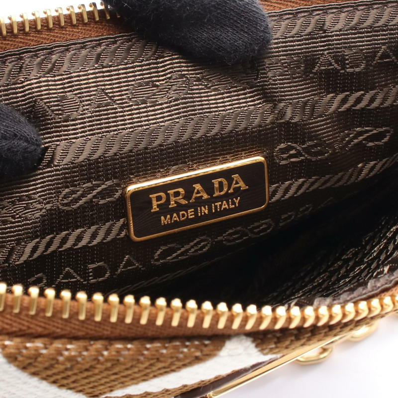 PRADA 三角形雙鏈肩背包 1BC543 帆布皮革 棕色 白色-3