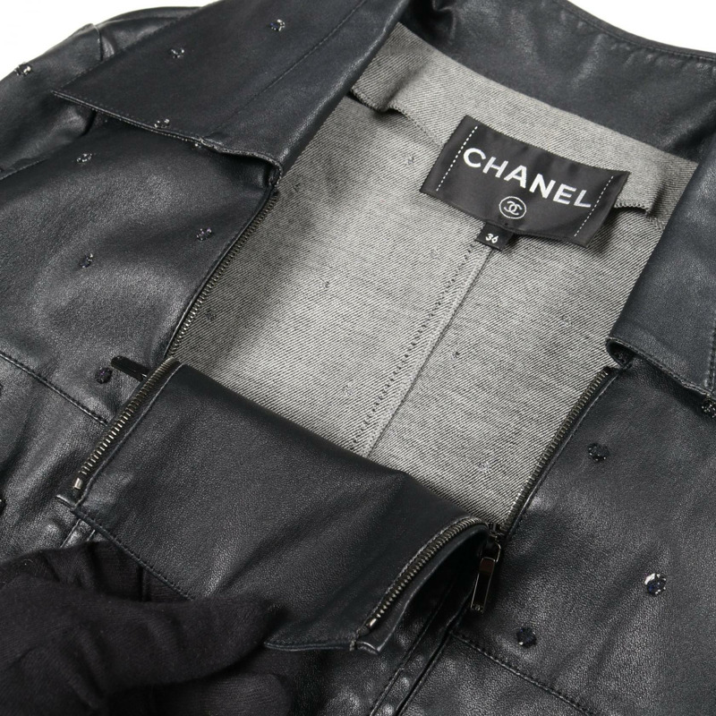 香奈兒 (CHANEL) COCO 標誌刺繡皮革牛仔褲 P55955C00294 羊皮 黑色 二手 女士-7