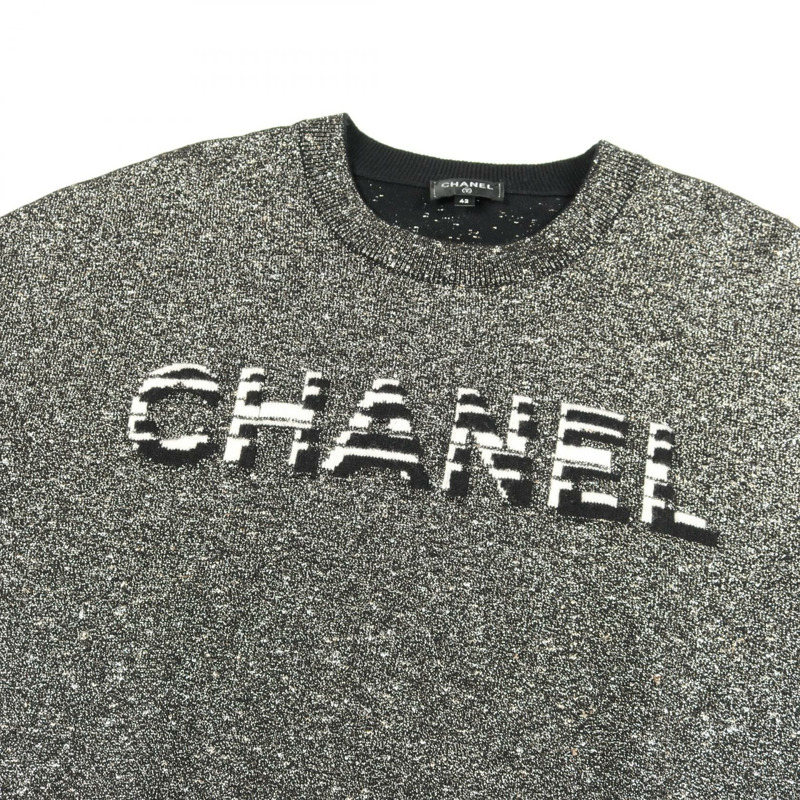 香奈兒 (CHANEL) 標誌針織衫 P62886K48477 羊絨棉混紡 黑色 銀色 二手 #42-10