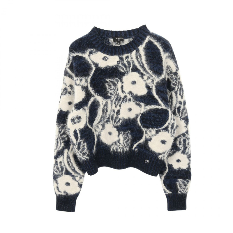 香奈兒 COCO 標誌紐扣針織衫 P73572K10554 羊絨羊駝毛混紡 藍海軍藍 #36-0