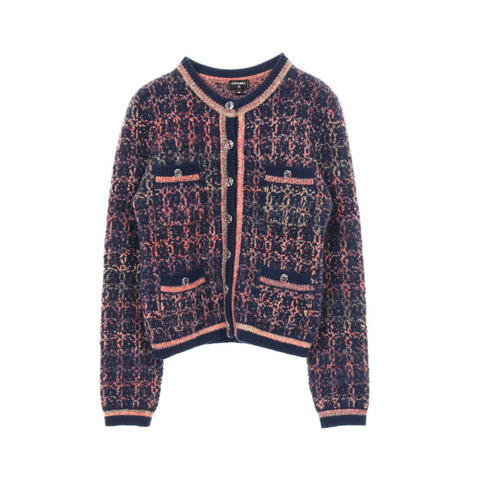 香奈兒 COCO 標誌紐扣開襟衫 #36 羊絨羊毛海軍藍粉色二手女款