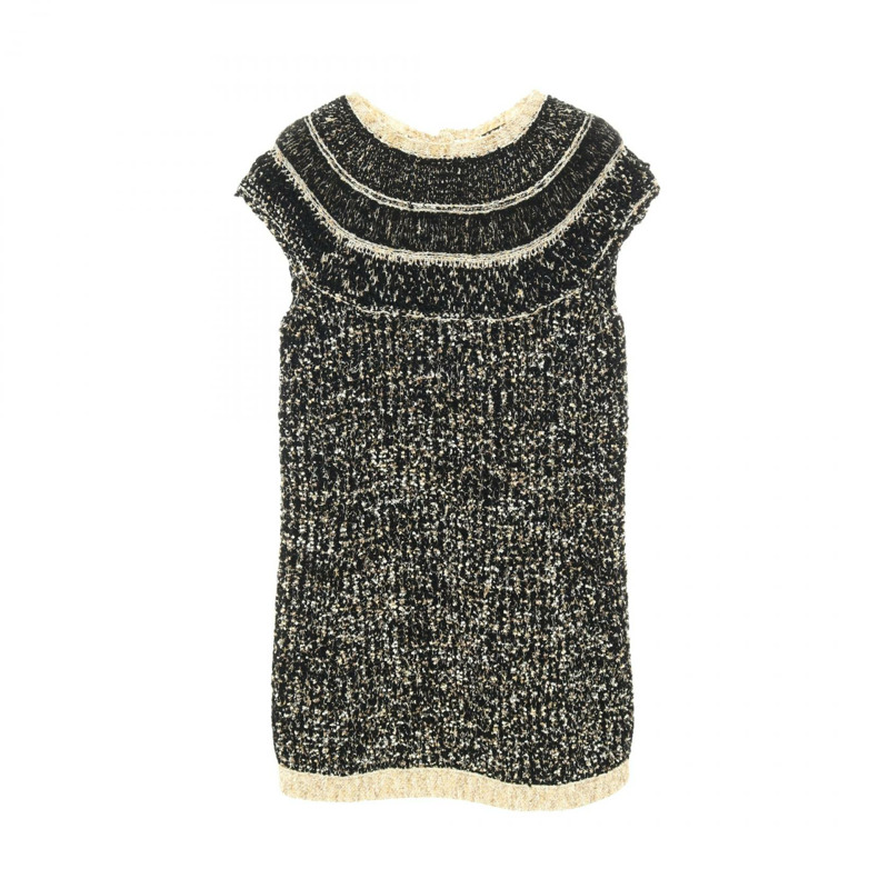 香奈兒 COCO 標誌紐扣連身裙 #36 P61623K47214 羊毛尼龍 黑色 米色 金色 二手-0