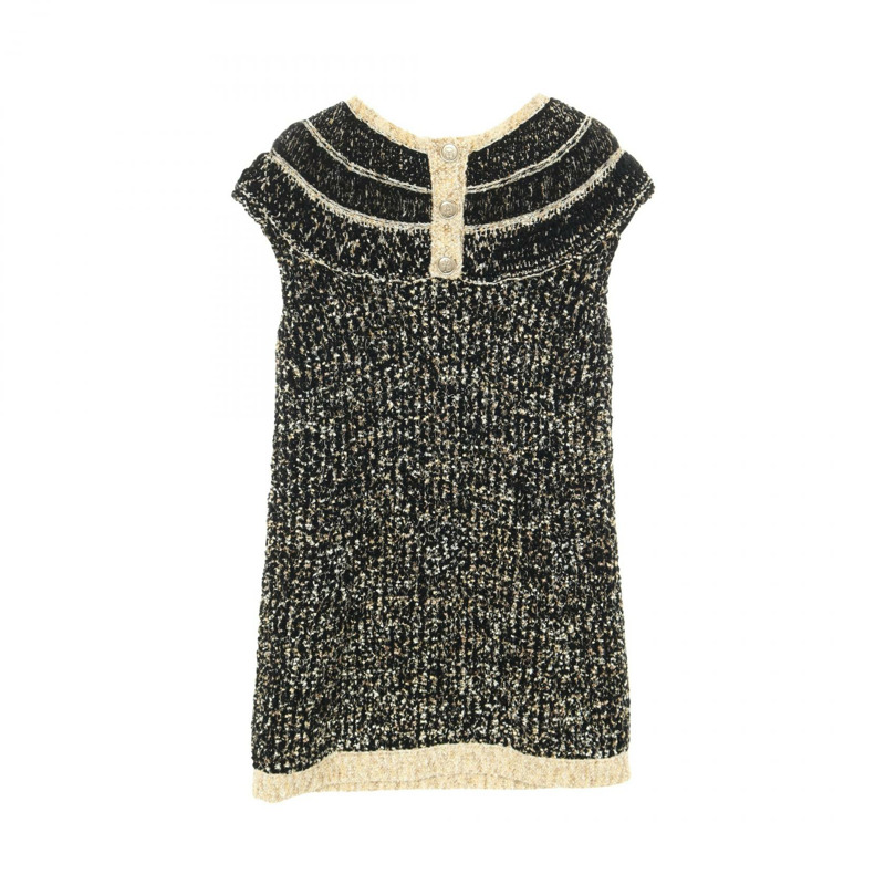 香奈兒 COCO 標誌紐扣連身裙 #36 P61623K47214 羊毛尼龍 黑色 米色 金色 二手-1