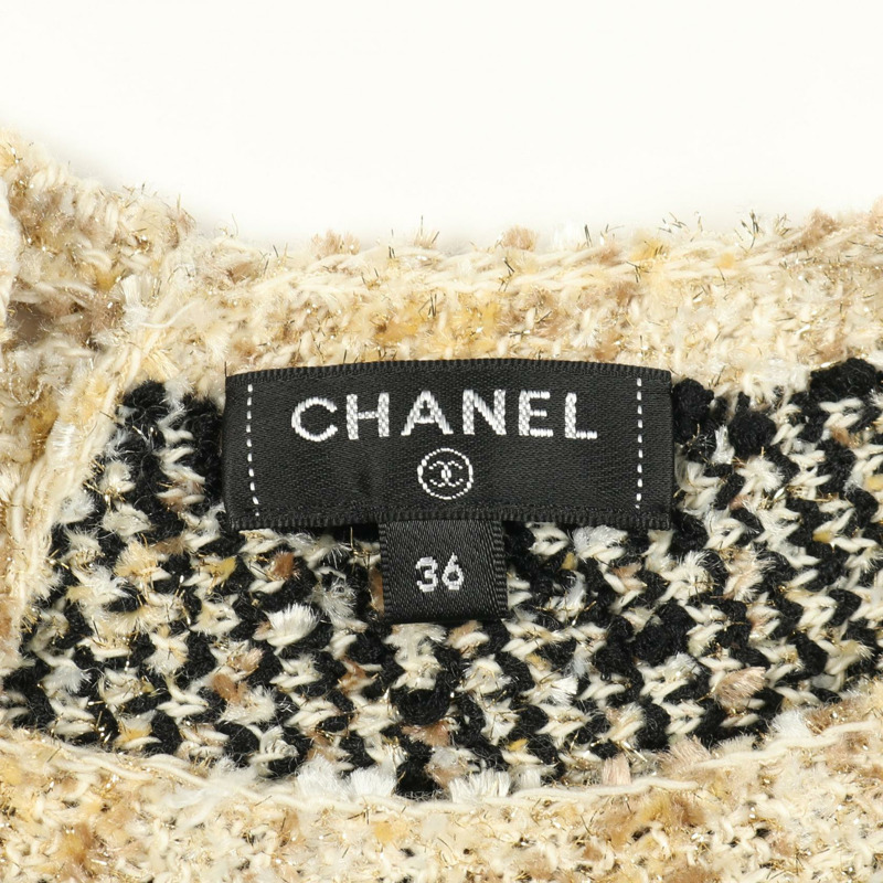 香奈兒 COCO 標誌紐扣連身裙 #36 P61623K47214 羊毛尼龍 黑色 米色 金色 二手-2