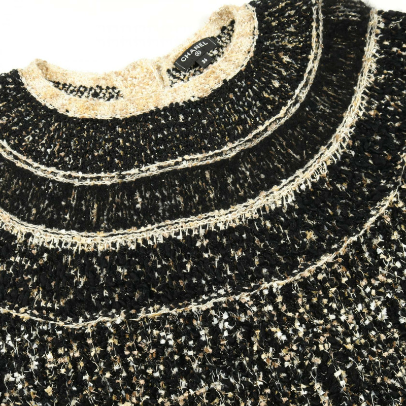香奈兒 COCO 標誌紐扣連身裙 #36 P61623K47214 羊毛尼龍 黑色 米色 金色 二手-7