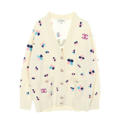 香奈兒 COCO 標誌紐扣開襟針織衫 #38 P77000 K11116 羊絨 白色 二手