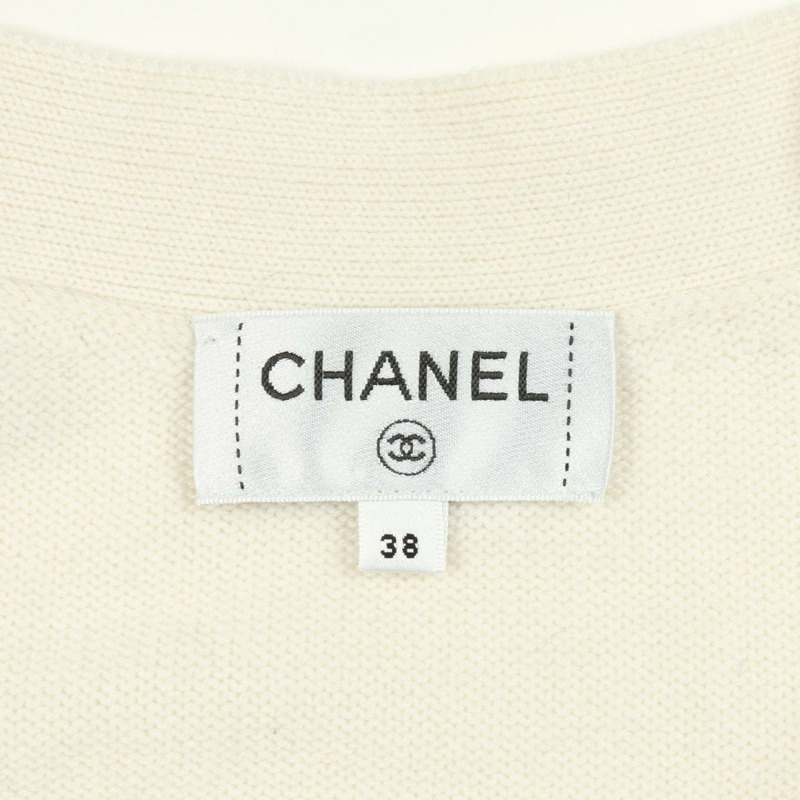 香奈兒 COCO 標誌紐扣開襟針織衫 #38 P77000 K11116 羊絨 白色 二手-2