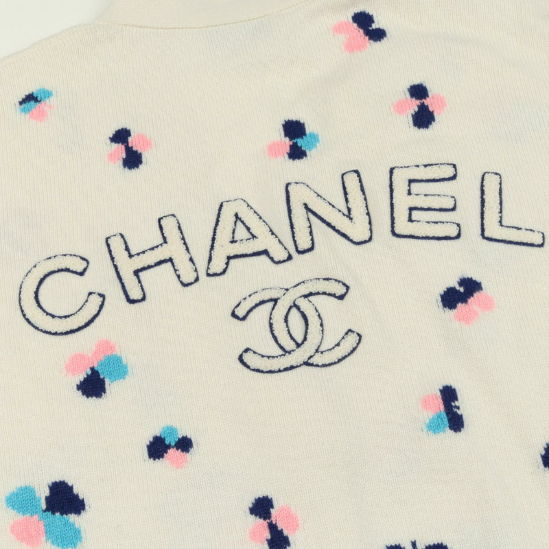 香奈兒 COCO 標誌紐扣開襟針織衫 #38 P77000 K11116 羊絨 白色 二手-6