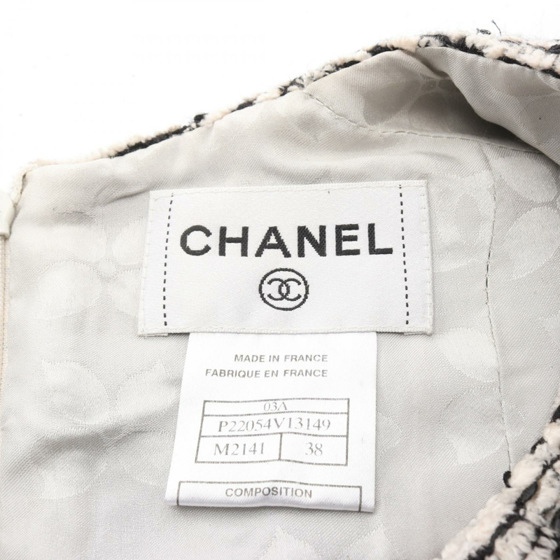 香奈兒 COCO 標誌斜紋軟呢無袖連身裙 #38 人造絲羊毛 白色 黑色 二手 女士 CC-2