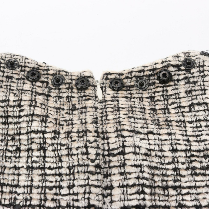 香奈兒 COCO 標誌斜紋軟呢無袖連身裙 #38 人造絲羊毛 白色 黑色 二手 女士 CC-4