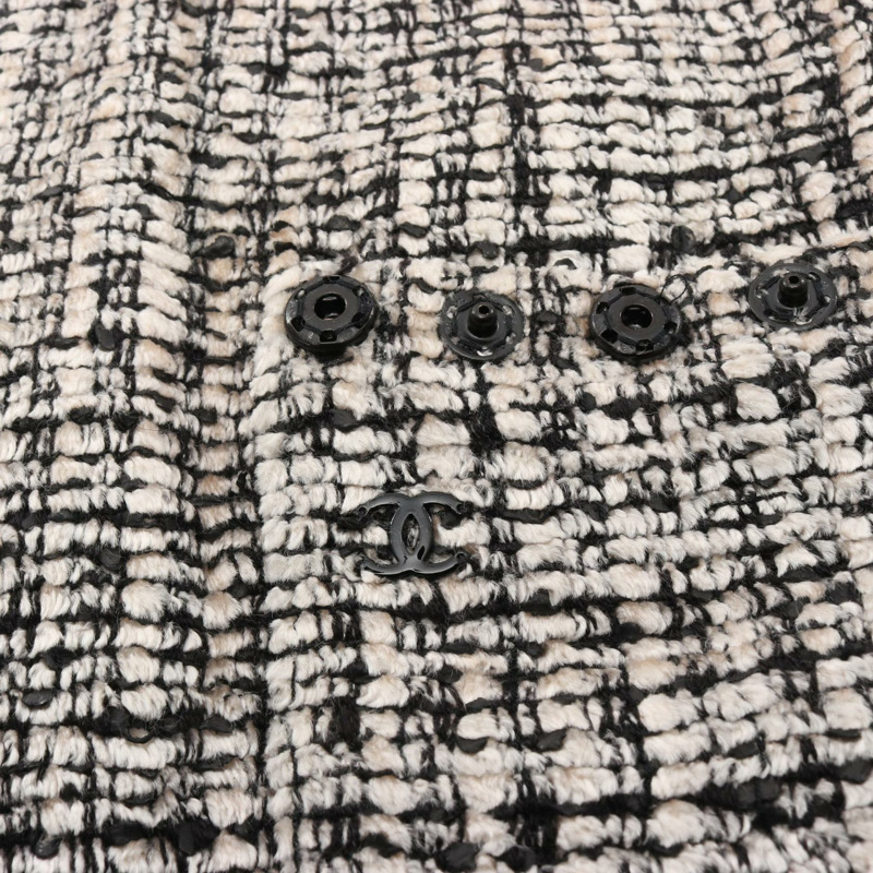 香奈兒 COCO 標誌斜紋軟呢無袖連身裙 #38 人造絲羊毛 白色 黑色 二手 女士 CC-7