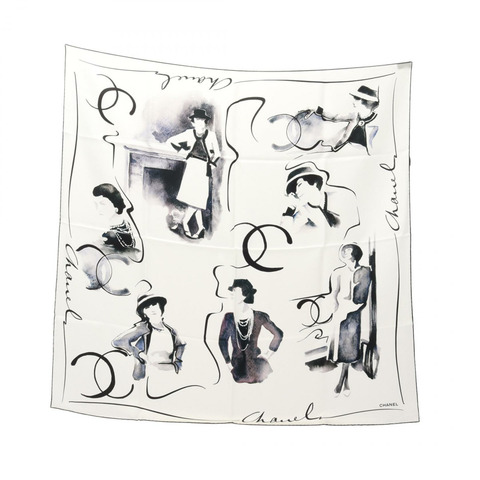 香奈兒 COCO 標誌絲巾披肩圍巾真絲白色黑色二手女士 Coco CC