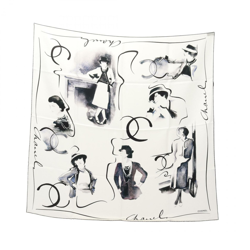 香奈兒 COCO 標誌絲巾披肩圍巾真絲白色黑色二手女士 Coco CC-0