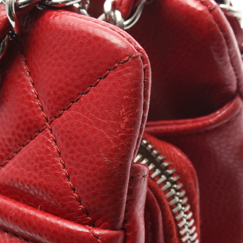 香奈兒紅色粒面小牛皮手提包，二手，帶五金配件，女士-11