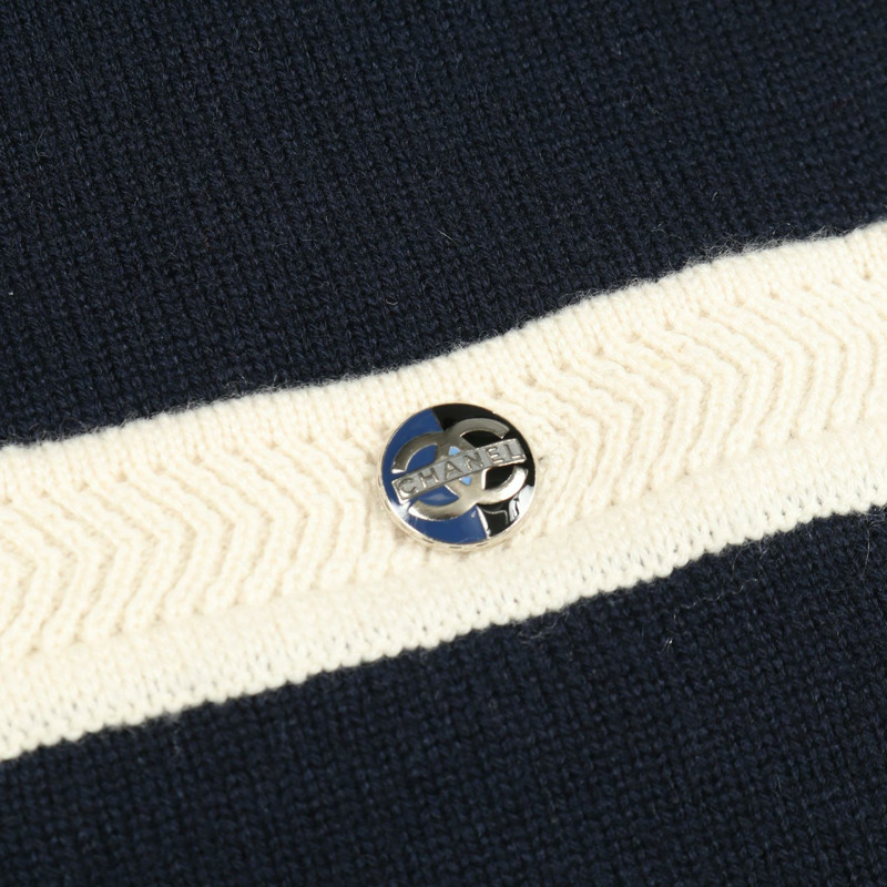 香奈兒 COCO 標誌針織背心無袖羊絨衫 #38 海軍藍白色 二手女裝-8