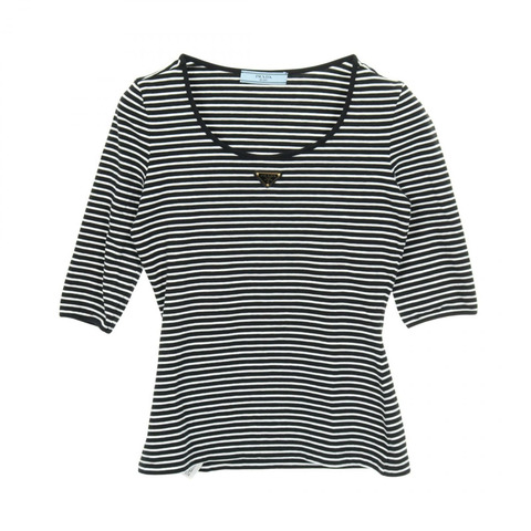 PRADA 條紋三角 Logo 針織衫 T 卹，純棉，黑白配色，#38，二手女款
