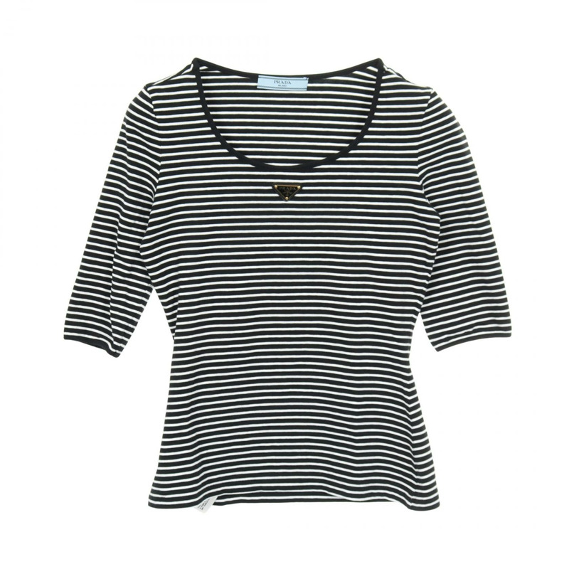 PRADA 條紋三角 Logo 針織衫 T 卹,純棉,黑白配色,#38,二手女款-0