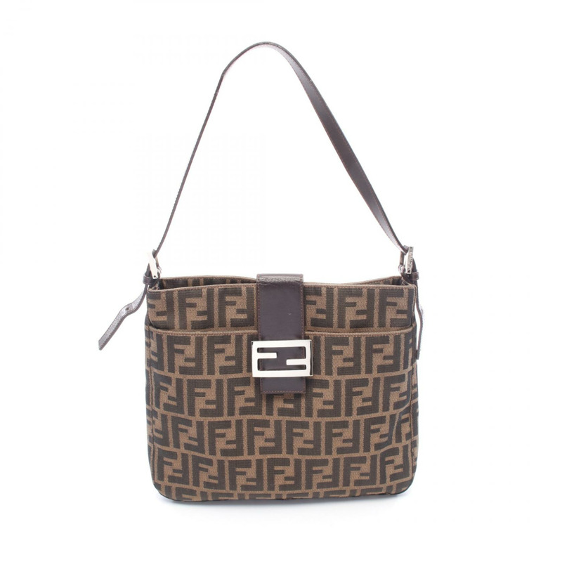 FENDI Zucca 單肩手提包，帆布皮革，棕色，SHW，二手女款-0