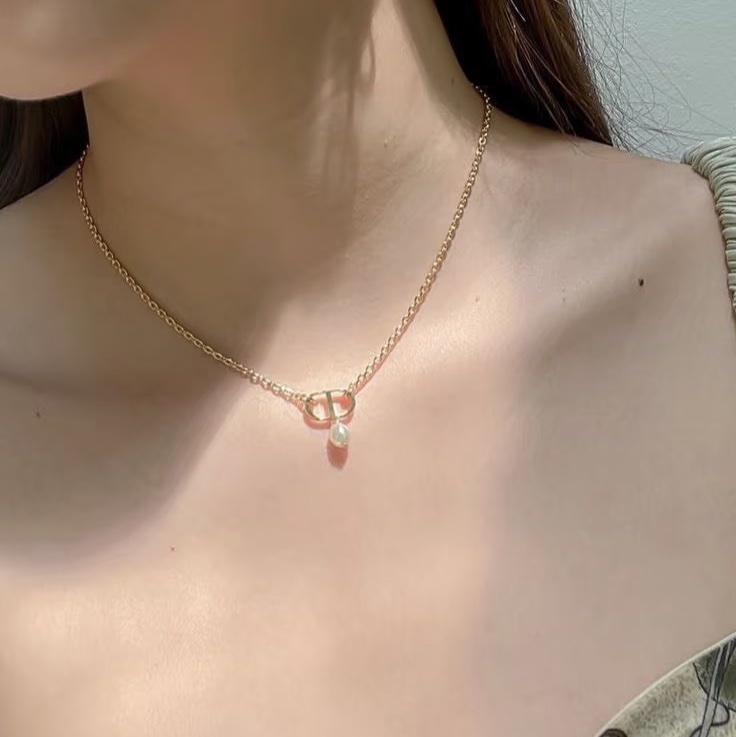 莉亞精品♡ Dior 金色垂墜珍珠項鍊 近新美品-1