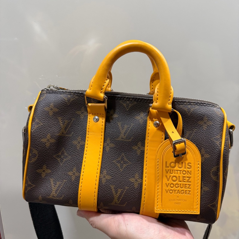 LV Louis Vuitton M12733 老花 Keepall 25 斜背包 發財黃-1