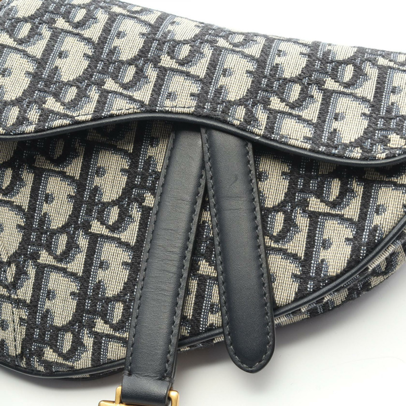 Dior 迷你馬鞍包，斜紋提花帆布皮革手提包，米色/海軍藍，二手-4