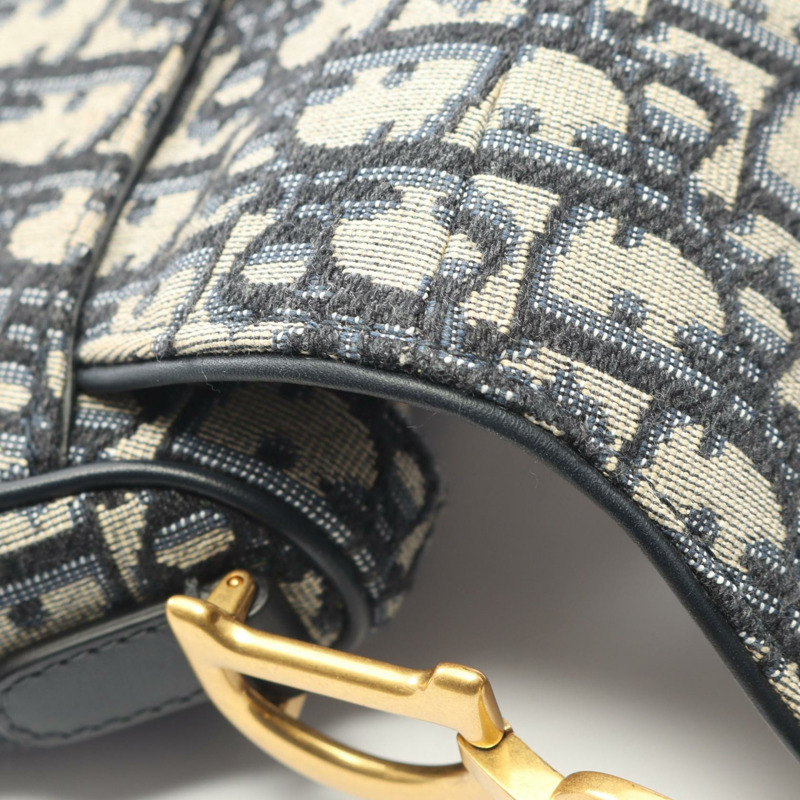 Dior 迷你馬鞍包，斜紋提花帆布皮革手提包，米色/海軍藍，二手-6