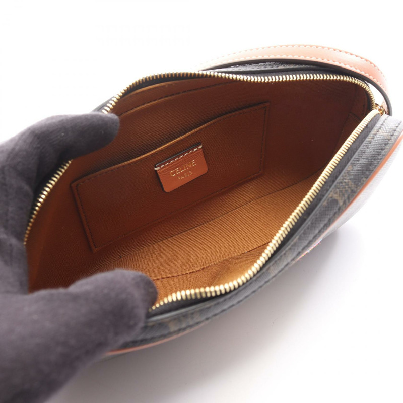 CELINE Cuir Triomphe 迷你相機單肩包，帆布皮革，黑色/棕色，二手-2