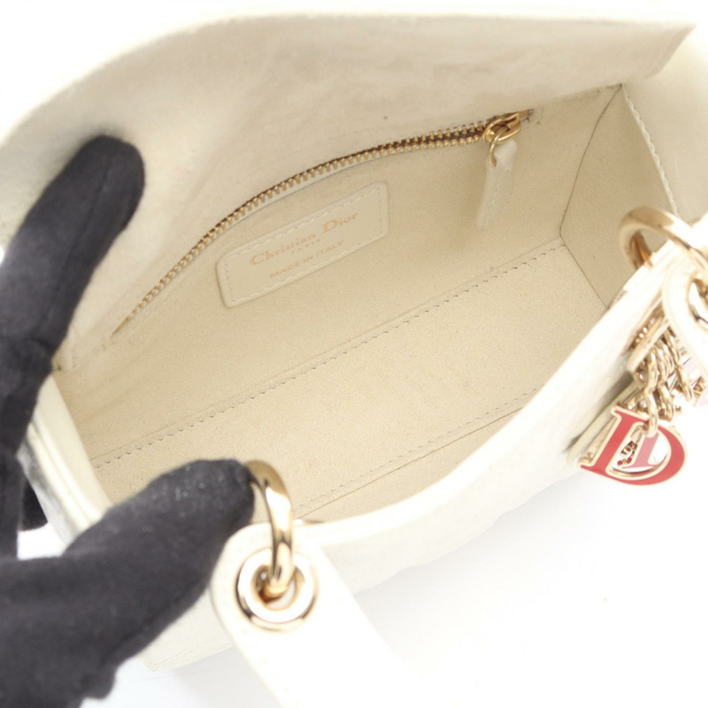 Christian Dior 迷你心型藤格紋小姐斜背包，白色皮革，二手-2