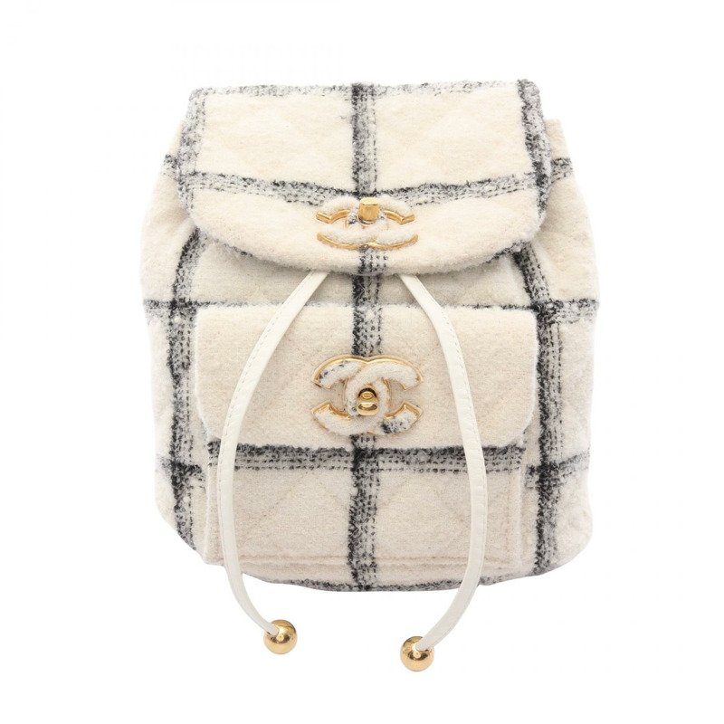 香奈兒 COCO 標誌鏈雙肩包，白色黑色金色五金，二手，女士 CC-0