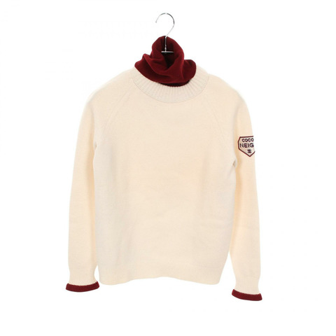 香奈兒 COCO 標誌貼片針織衫羊絨羊毛白色波爾多紅二手女裝 #34