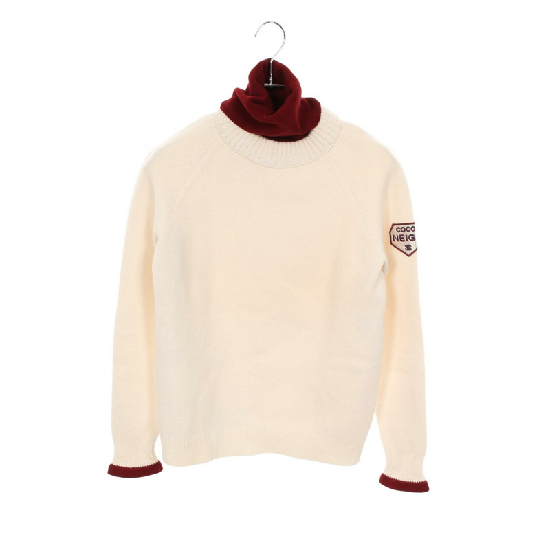 香奈兒 COCO 標誌貼片針織衫羊絨羊毛白色波爾多紅二手女裝 #34-0