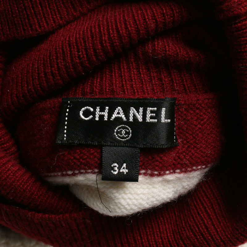 香奈兒 COCO 標誌貼片針織衫羊絨羊毛白色波爾多紅二手女裝 #34-2