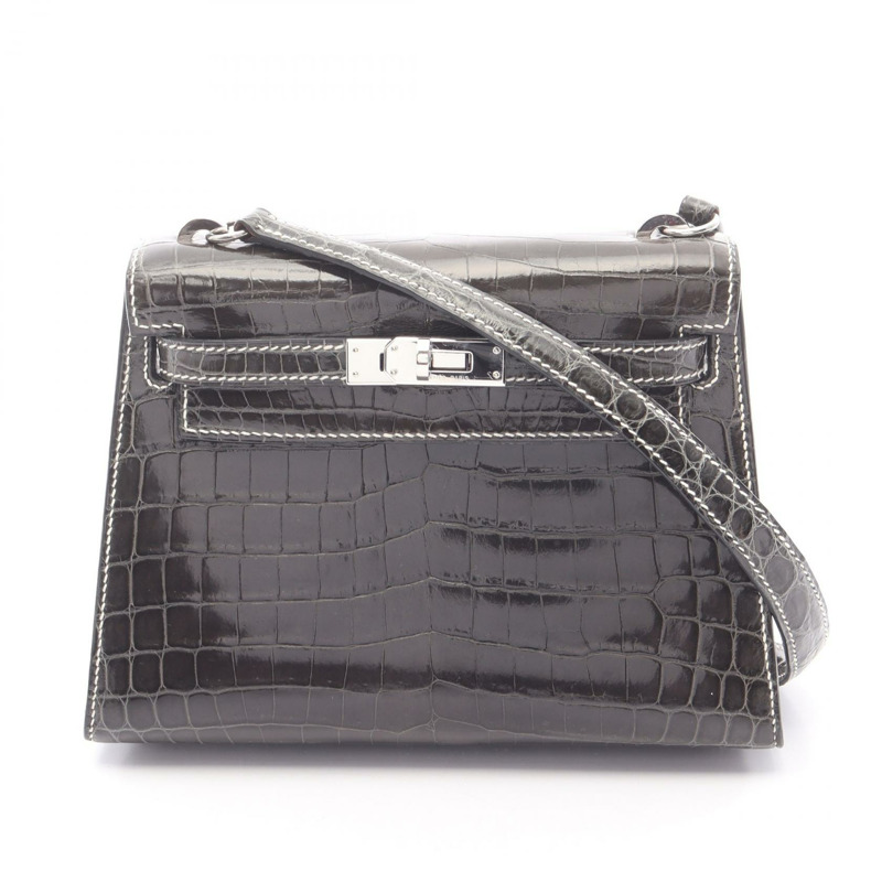 愛馬仕迷你凱莉20石墨色手提包，尼羅鱷魚皮，灰色，二手女款-0