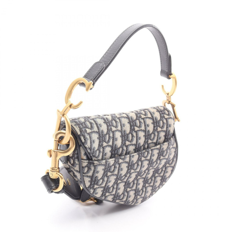 Christian Dior 迷你馬鞍包 Oblique 提花手提包 帆布皮革 海軍藍 二手-1