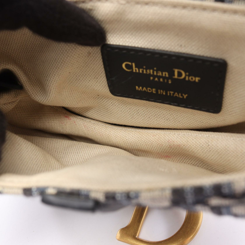 Christian Dior 迷你馬鞍包 Oblique 提花手提包 帆布皮革 海軍藍 二手-4