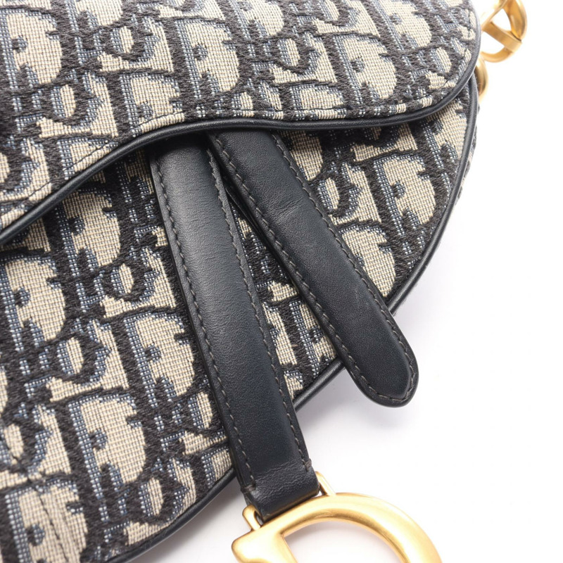 Christian Dior 迷你馬鞍包 Oblique 提花手提包 帆布皮革 海軍藍 二手-5