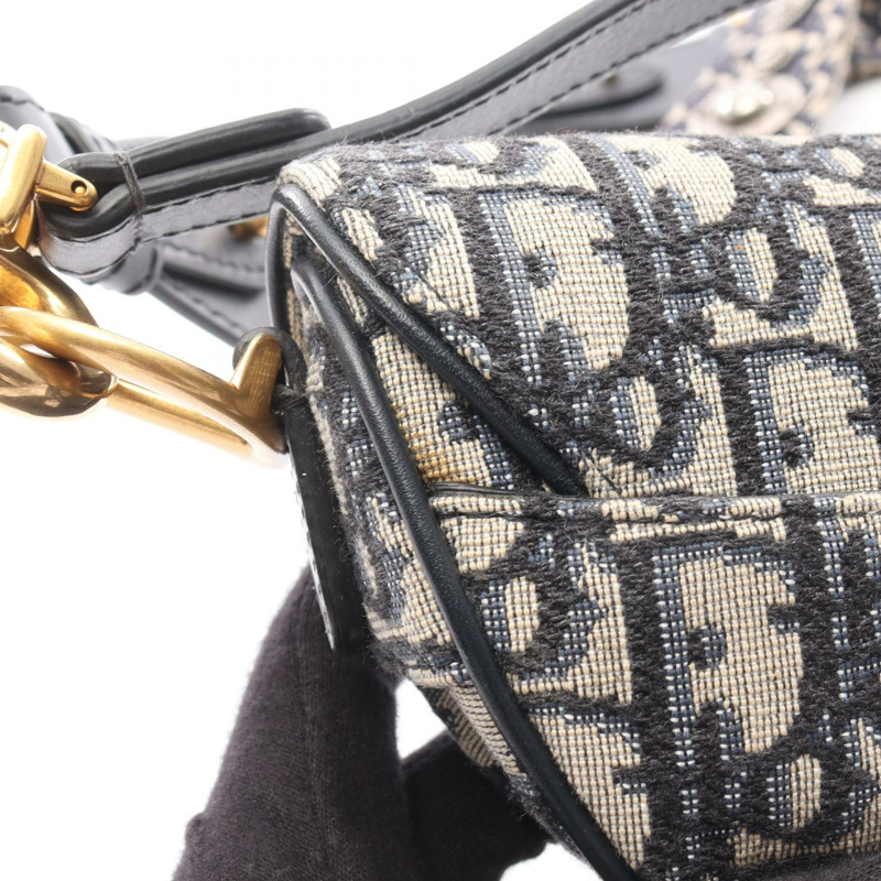 Christian Dior 迷你馬鞍包 Oblique 提花手提包 帆布皮革 海軍藍 二手-7