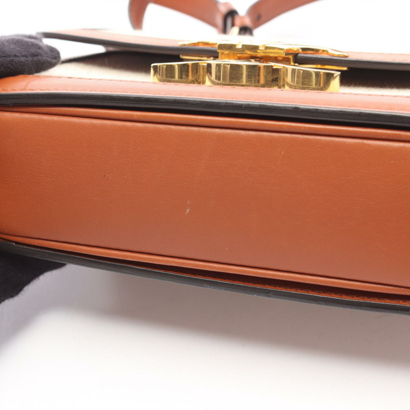 CELINE Teen Triomphe 肩斜背包，帆布皮革，天然棕色，二手-10