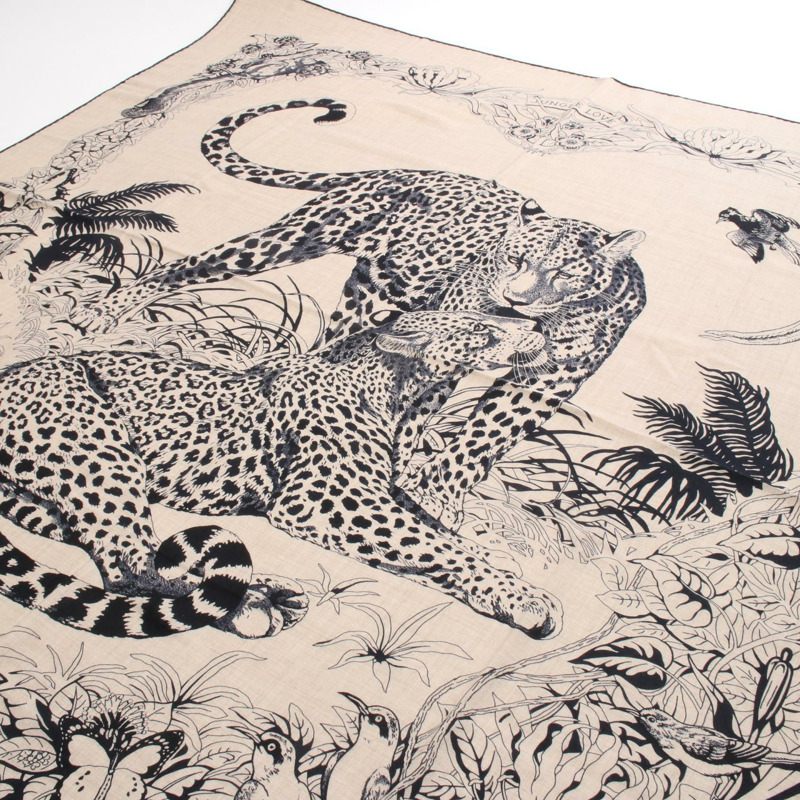 愛馬仕 Carre Geant 140 JUNGLE LOVE 絲巾披肩/圍巾/圍巾，真絲羊絨材質，米色/黑色-3