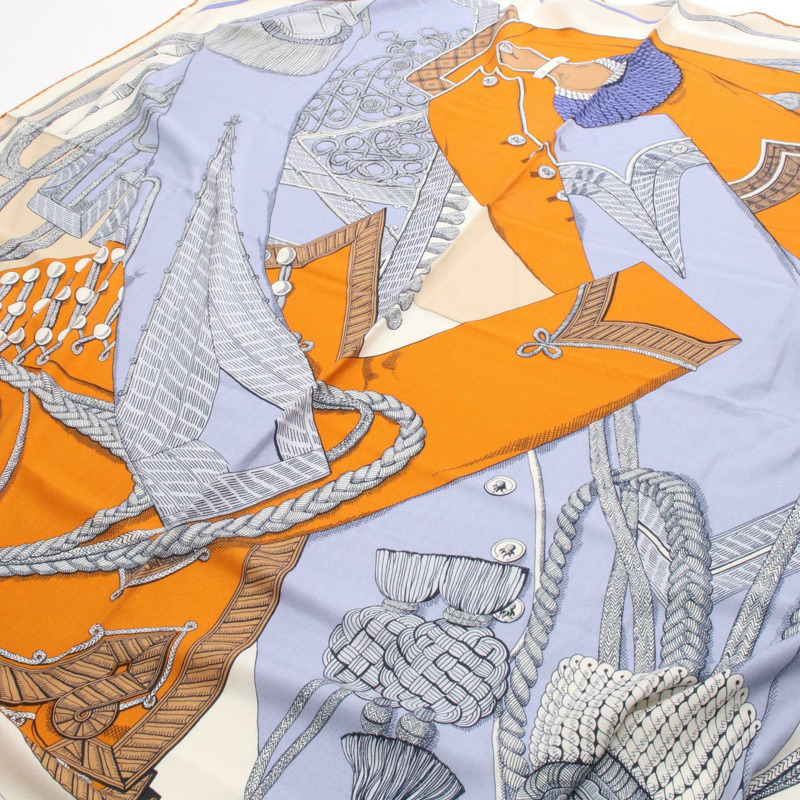 愛馬仕 Carre 140 ZOUAVES ET DRAGONS 絲巾披肩，真絲羊絨材質，橘色，二手-1