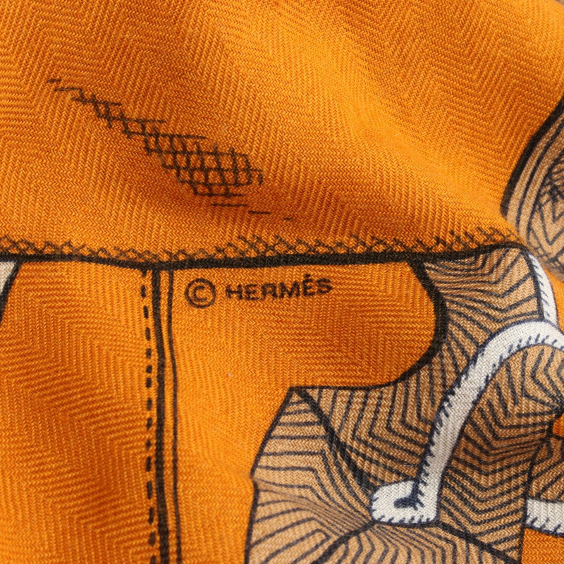 愛馬仕 Carre 140 ZOUAVES ET DRAGONS 絲巾披肩，真絲羊絨材質，橘色，二手-2