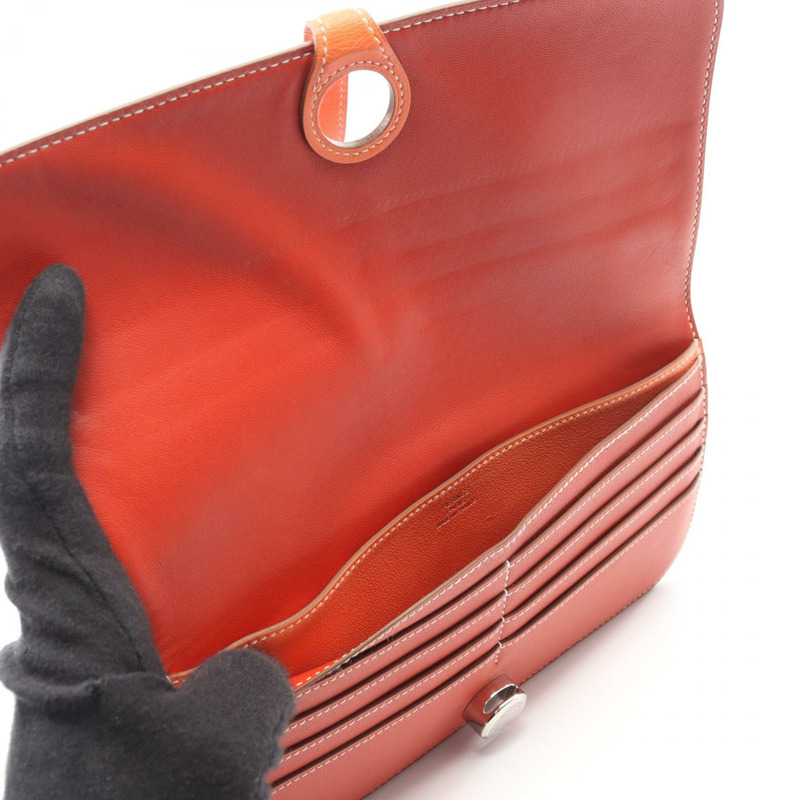 愛馬仕 Dogon 長版對折皮夾，Swift 皮革，紅色/橘色，SHW，二手，女士 Q-2
