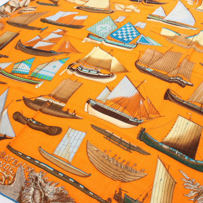 HERMES Carre 140 TOUS LES BATEAUX DU MONDE 圍巾裹絲羊毛羊絨橙色-1
