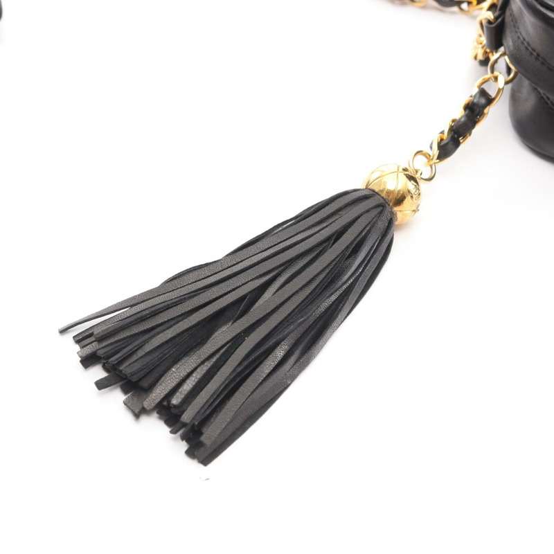 香奈兒 (CHANEL) Matelasse 鏈條斜挎包，流蘇羊皮，黑色，二手，金色五金 CC-11