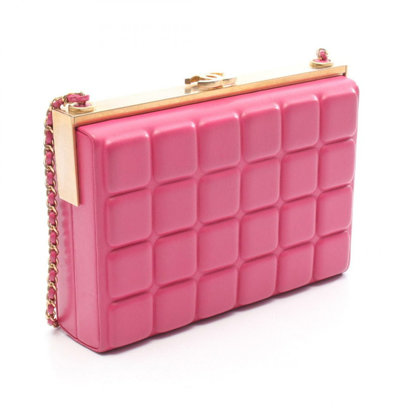 香奈兒巧克力色鏈條單肩斜挎包，粉紅色羊皮，二手，女士，金色五金-1